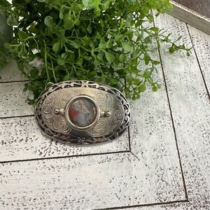 Silver Western Belt Buckle with agate stone resin red gray accent
